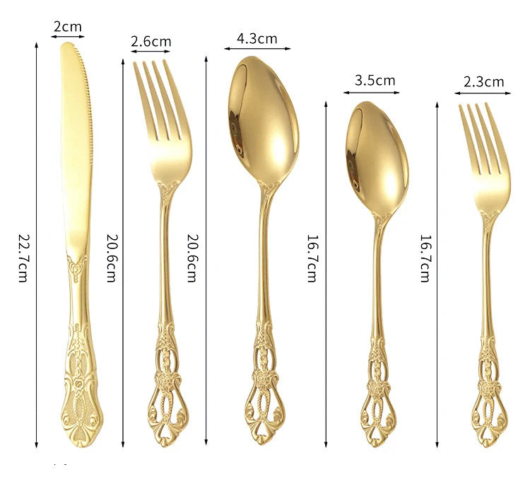 Golden Stainless Steel Cutlery Set Royal European Spoon Fork Complete Tableware Retro Design Dishwasher Safe Elegant Flatware.