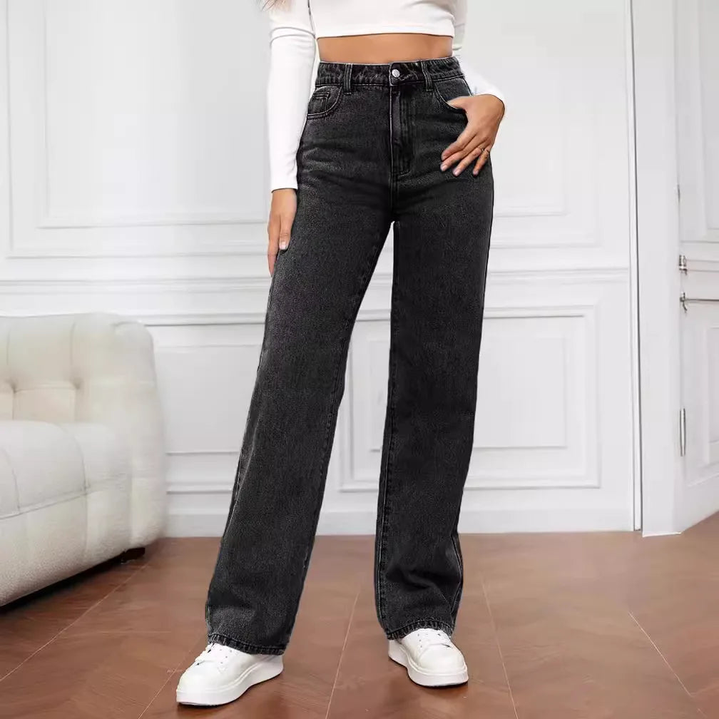 Fashion retro blue jeans women y2k High street baggy straight pants High waisted all-in-one slim pants.