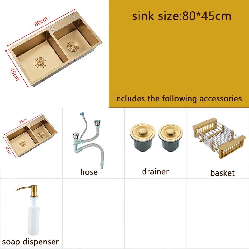Goldene Küchenspüle über der Theke, Doppelschüssel, Goldkorb, Abtropffläche, Seifenspender, Waschbecken, Spülbecken aus Edelstahl 304, Spülbecken