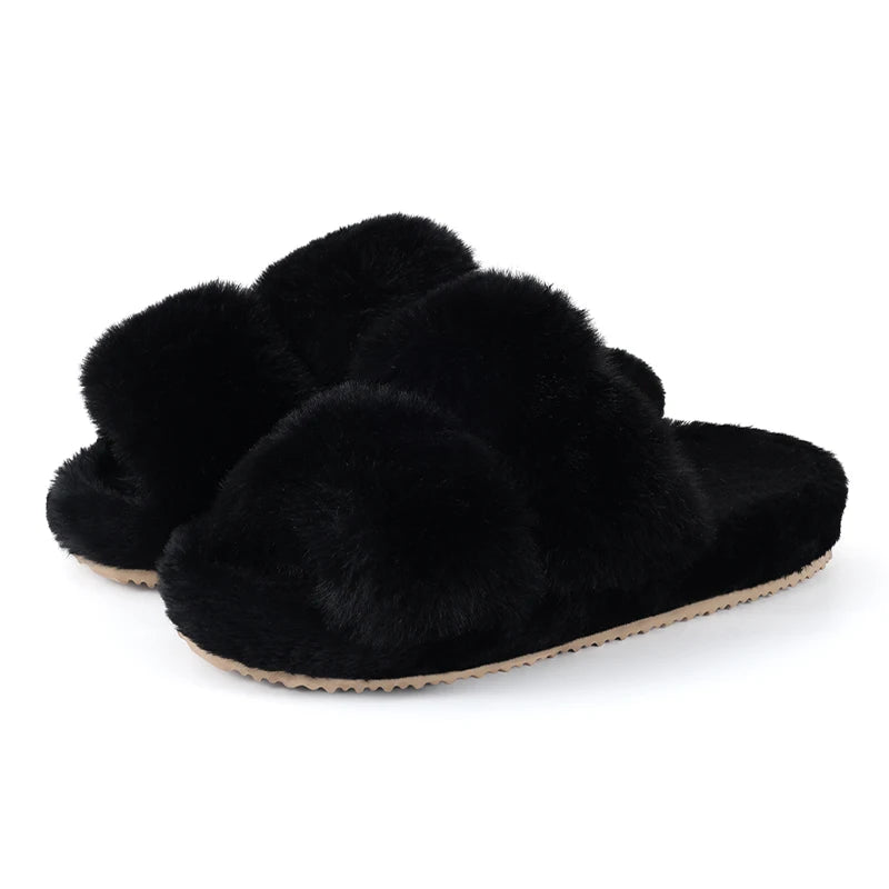 Evshine New Open Toe Fluffy Slippers Indoor Warm Fur Female Slides Fashion Plush Women House Shoes Women Winter Fuzzy Slippers.