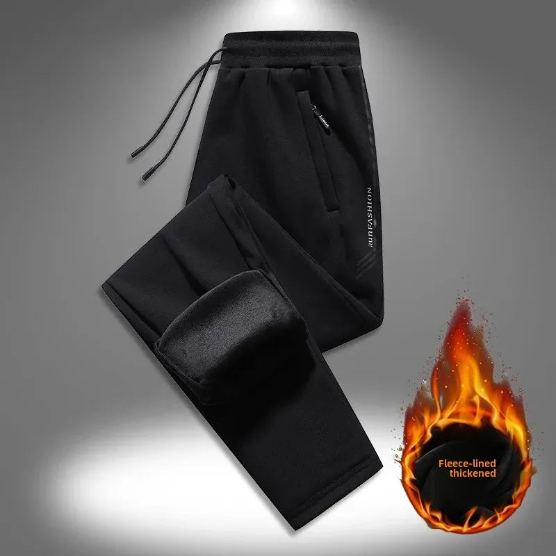 Herbst/Winter Fleece-gefütterte Herren-Hose mit Reißverschluss, warmes Fuß, Freizeithose, Übergröße, lockere Passform, gerade Bein-Jogginghose, trendig