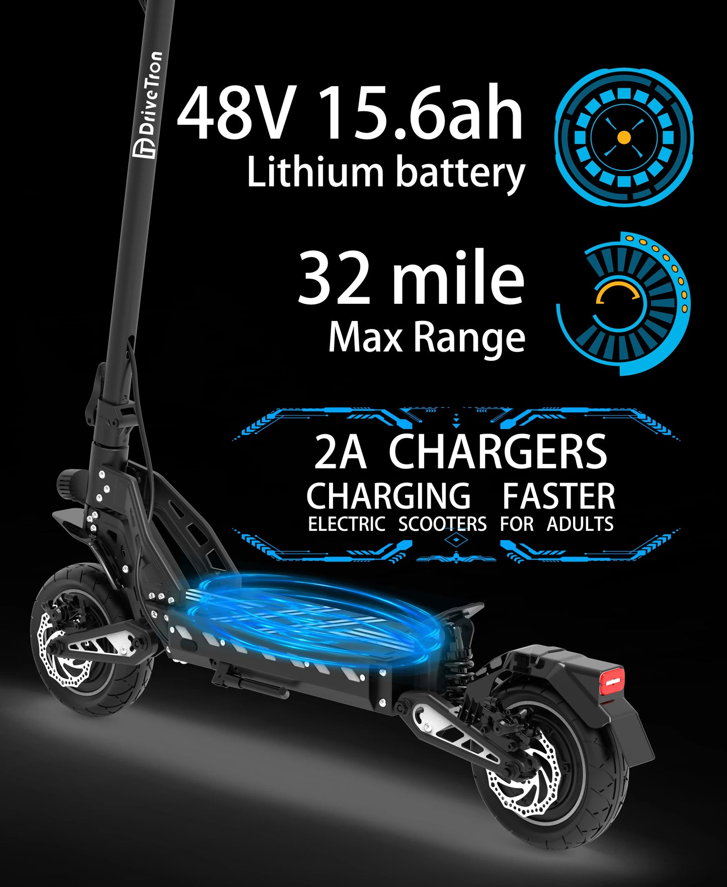 DriveTron DT10 Foldable Adult Electric Scooter, E-Scooter, 50km/h Electric Kick Scooter, 1000W Skateboards, 48V 15.6Ah Kickboard.