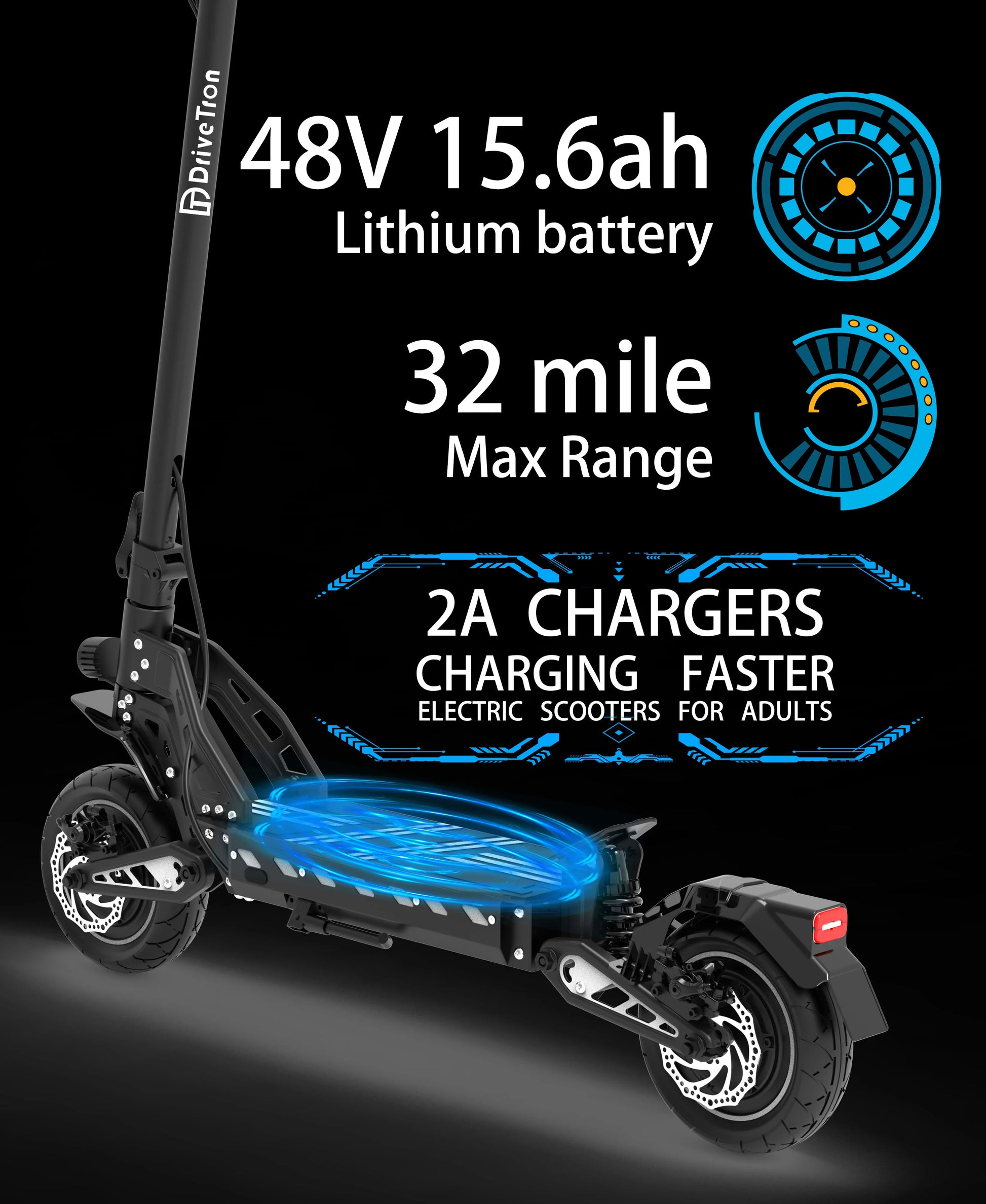 DriveTron DT10 Foldable Adult Electric Scooter, E-Scooter, 50km/h Electric Kick Scooter, 1000W Skateboards, 48V 15.6Ah Kickboard.