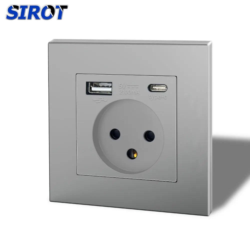 SIROT Israelische Steckdose mit USB Typ C, 86 mm flammhemmendes PC-Panel, AC 230 V 50 Hz, israelische Standard-Wandsteckdose, Weiß, Schwarz, Grau.