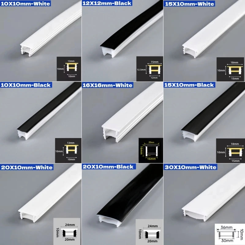 Black Flexible LED Neon Rope Lamp Silicone Tube Diffuser Recessed Channel For WS2811 WS2812B Waterproof Ribbon Neon Strip Lights.