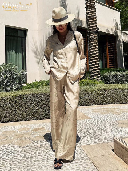 Clacive Fashion Long Sleeve Blouse 2 Piece Sets Women Outfit Elegant Loose Print Pants Set Casual High Waist Wide Trousers Suits.