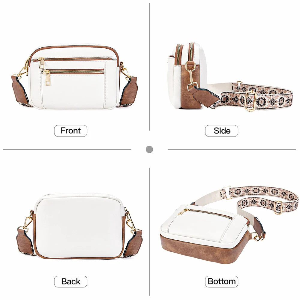 Stylish Wide Strap Shoulder Bag Women's Multiple Pockets Faux Leather Crossbody Bags Adjustable Strap  Travel Handbag Purse.