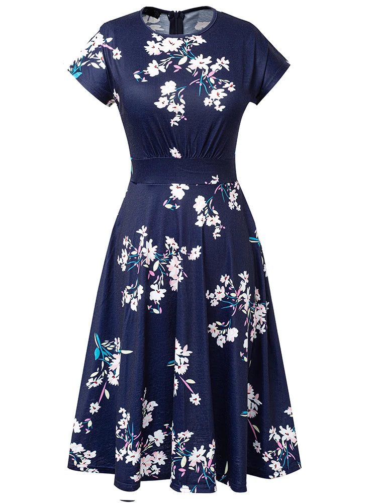 Nice-forever Vintage Elegante Blumen Druck Plissee Rundhals vestidos A-Line Pinup Business Party Frauen Flare Swing Kleid A102