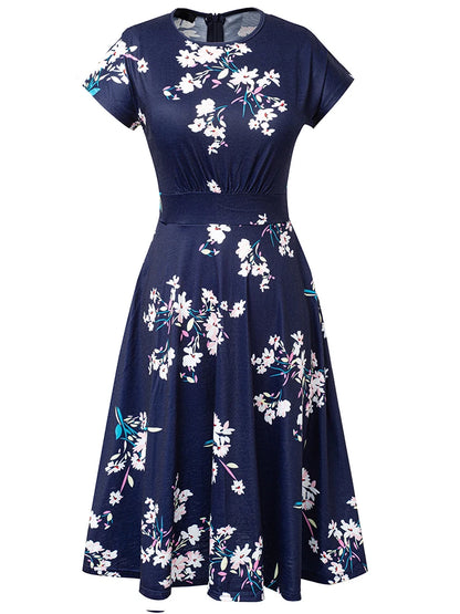 Nice-forever Vintage Elegante Blumen Druck Plissee Rundhals vestidos A-Line Pinup Business Party Frauen Flare Swing Kleid A102