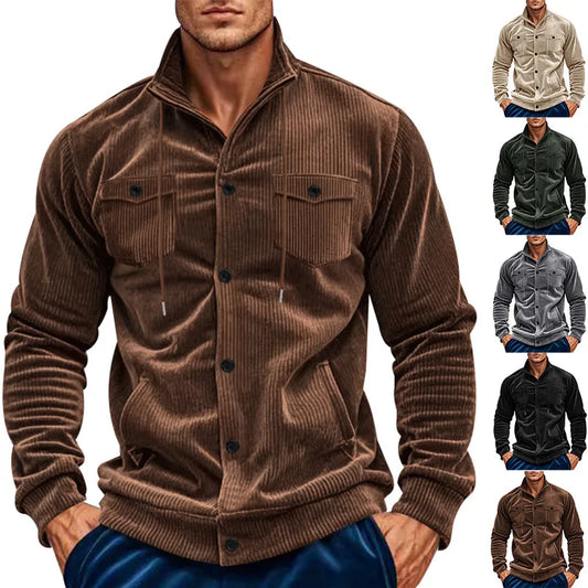 Men's Corduroy Jacket Stand-up Collar Slim Fit Retro Multi-pocket Workwear Commuter Coat for Spring And Autumn.