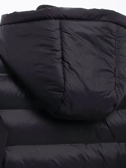 TRZA-Patchwork-gepolsterter Jackenmantel mit Kapuze und Taschen für Damen, lange Ärmel, Reißverschluss vorne, Damenoberbekleidung, schicke Oberteile, Mode.