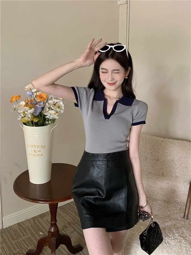 Jielur Spell Color Polo Knitting Women's Blouses Slim Sexy Short Sleeve Summer New Casual Female Blouse Chic Simple Office Lady