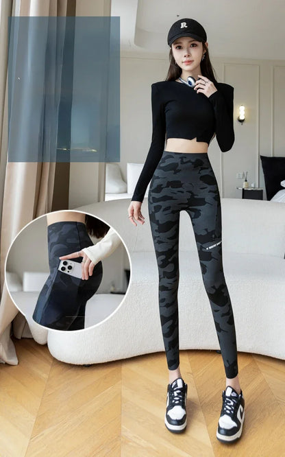 Women Camo Shark Pants High Waist Pocket Leggings Big Size Stretchy Casual Pants Fashion Skinny Yoga Fitness Pants.