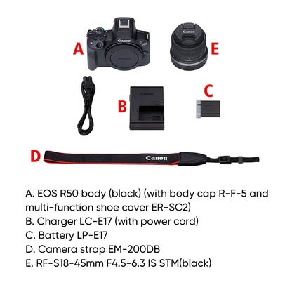 Canon EOS R50 Mirrorless Camera RF-S18-45mm F4.5-6.3 is STM Lens Kit 24.2 Megapixel CMOS (APS-C) Sensor 4K Video Content Creator.