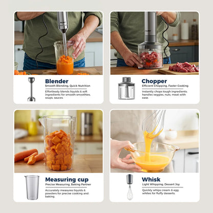 ROUNY 4-in-1 Hand Immersion Blender 1000W Powerful, Stainless Steel Stick Food Mixer,700ml Mixing Beaker,500ml Processor, Whisk.