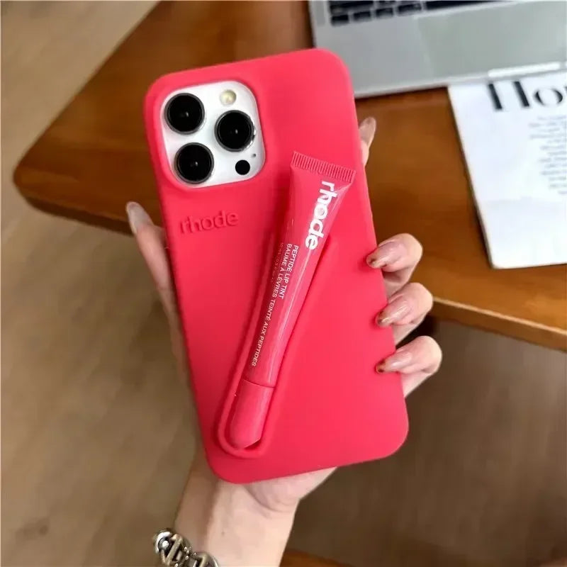 9 Colour Lipstick Holder Silicone Case for iPhone 16E 16 15 14 13 12 11 Pro Max Plus Lip Gloss Portable Stand Cover Funda