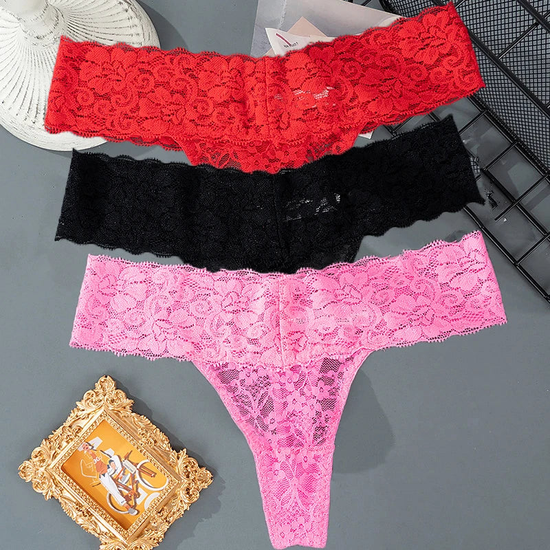 3PCS Lace Floral Women Panties Low Waist Breathable Briefs Female Thong Underwear M-2XL Solid Sexy G-String Transparent Panty.