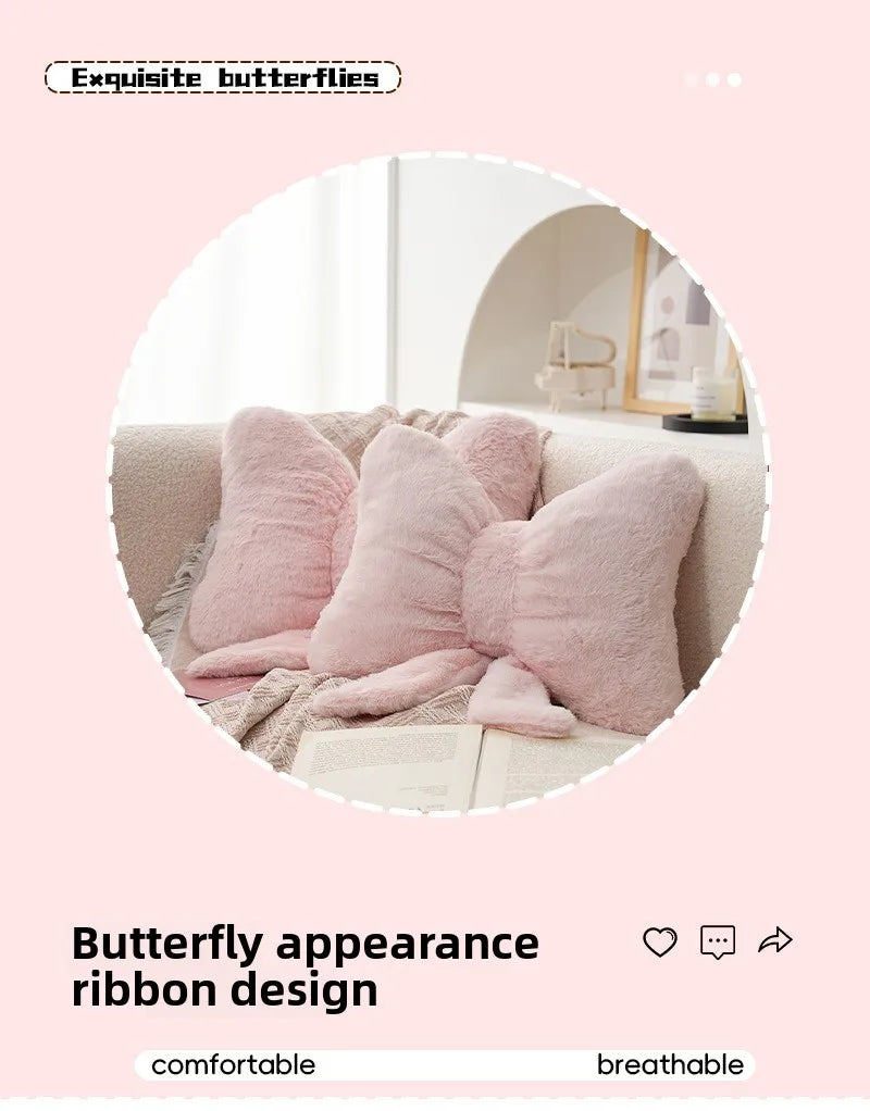Pink bow ribbon couch pillow imitation rabbit fur comfortable car seat cushion ins style simple all-match back cushion.