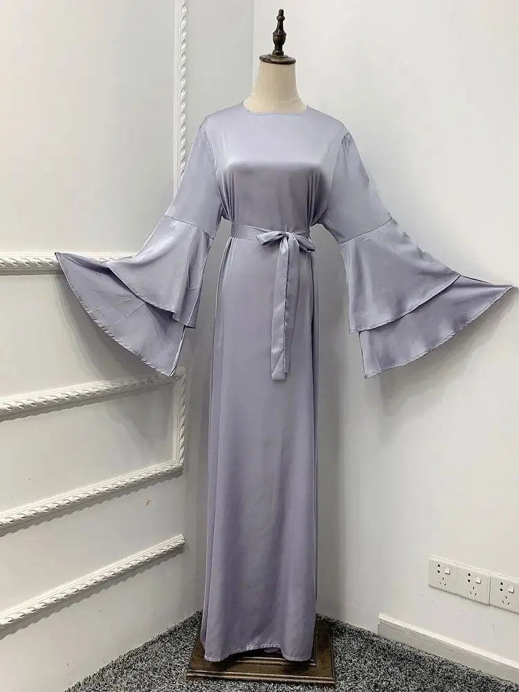 Ramadan Eid Gray Satin Abaya Damen Dubai Islam Muslim Women Dresses Kebaya Kaftan Robe Vestidos Musulmanes Caftan Marocain Femme.