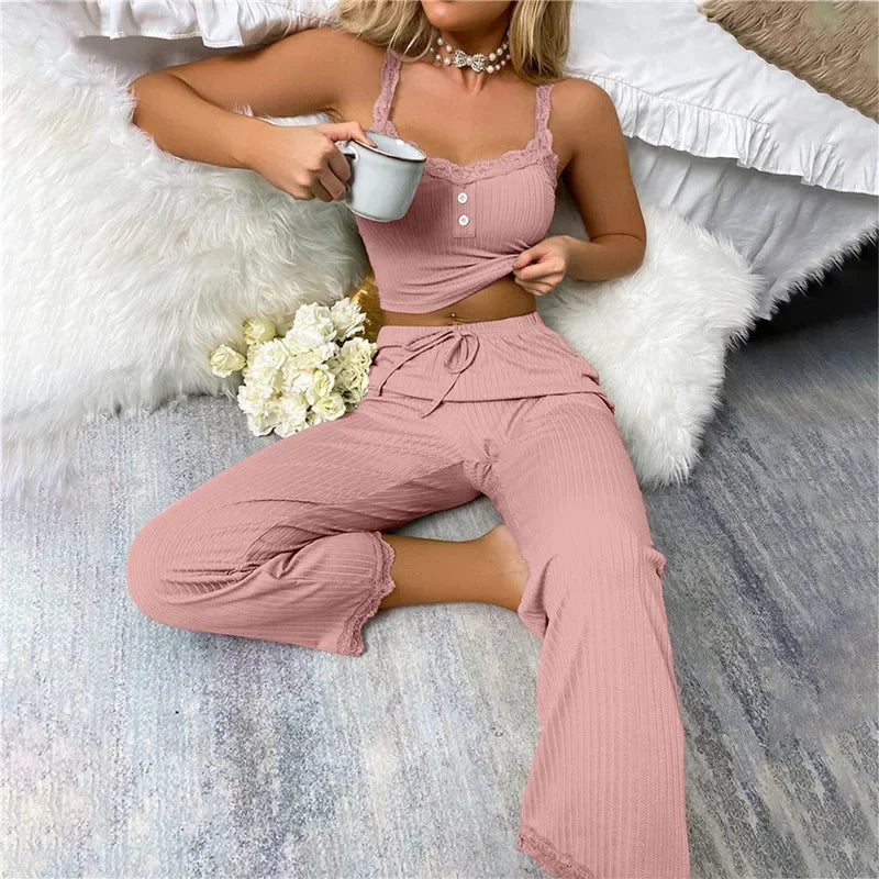Zweiteiliges Pyjama-Set für Frühling und Sommer für Damen, Nachtwäsche, Spitzen-Hosenträger, Oberteile und lange Hosen, Pijamas, Loungewear.