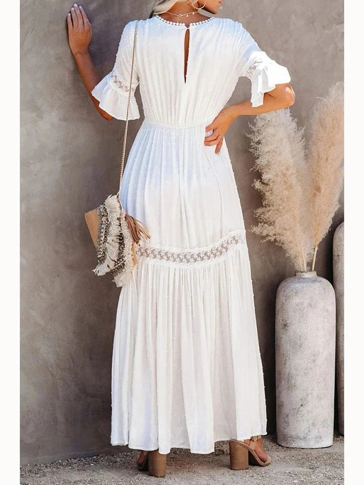 Fitshinling Spitze Spleiß Maxi Party Kleider Frauen tiefen V-Ausschnitt sexy lange Pareo weibliche Flare Ärmel weißes Kleid Tanz tragen Kostüm.