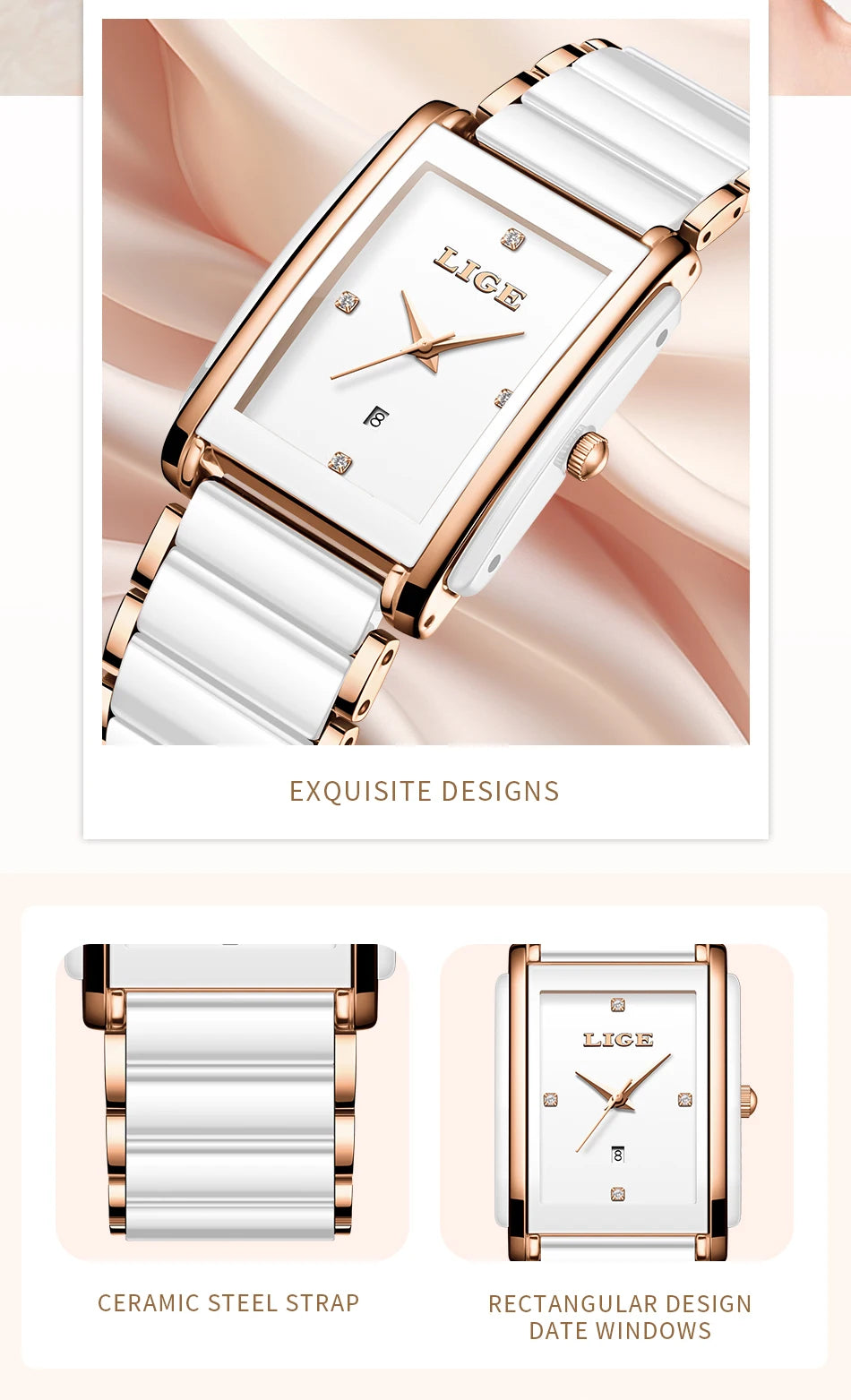 LIGE Fashion Square Quartz Woman Watches Ceramics Elegant Simple Diamond Auto Date Romantic Birthday Gift Leisure Wristwatch New.
