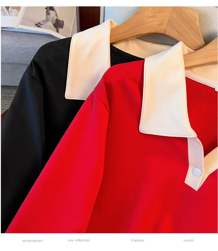 170kg plus size Damen büste Herbst lose Revers Langarm Sweatshirt schwarz rot 6xl 7xl 8xl 9xl 10xl 11xl.