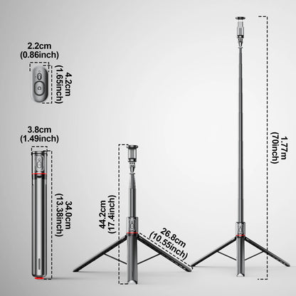TT01 1770mm All-in-one Auto Pop Open Tripod Bluetooth Remote Tripod Bounce Selfie Stick Phone Holder for Vlog/Video.
