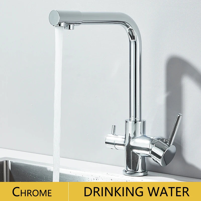 Filter Kitchen Faucet Chrome Drinking Pure Water Kitchen Tap Deck Mounted Dual Handles 3-Ways Hot and Cold Water Mixer