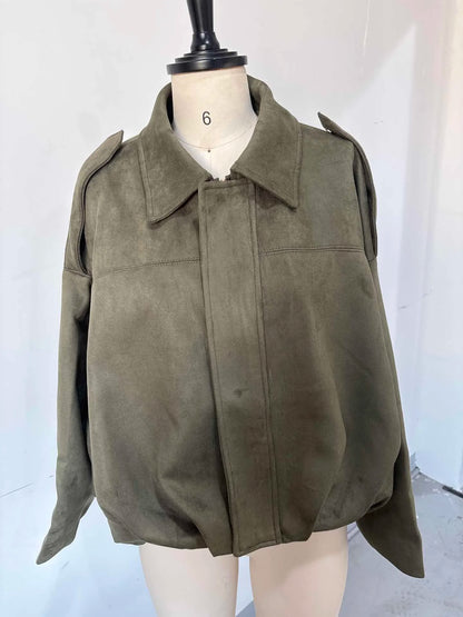 2025 herbst frauen Grün Wildleder Jacke Lose Revers Zipper Langarm Taschen Bomber Mantel Neue Mode Dame Dicke Streetwear.