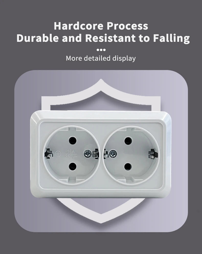 WESA Weiße Wandoberfläche, 2-Steckdosen, EU-Außensteckdosen mit Erdungssteckdose, flammhemmende Farbe aus Kunststoff.