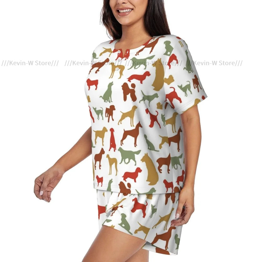 Zweiteiliges Damen-Pyjama-Set mit Rundhalsausschnitt und kurzen Ärmeln. Dog Breed, lässiges Pyjama-Set für zu Hause.