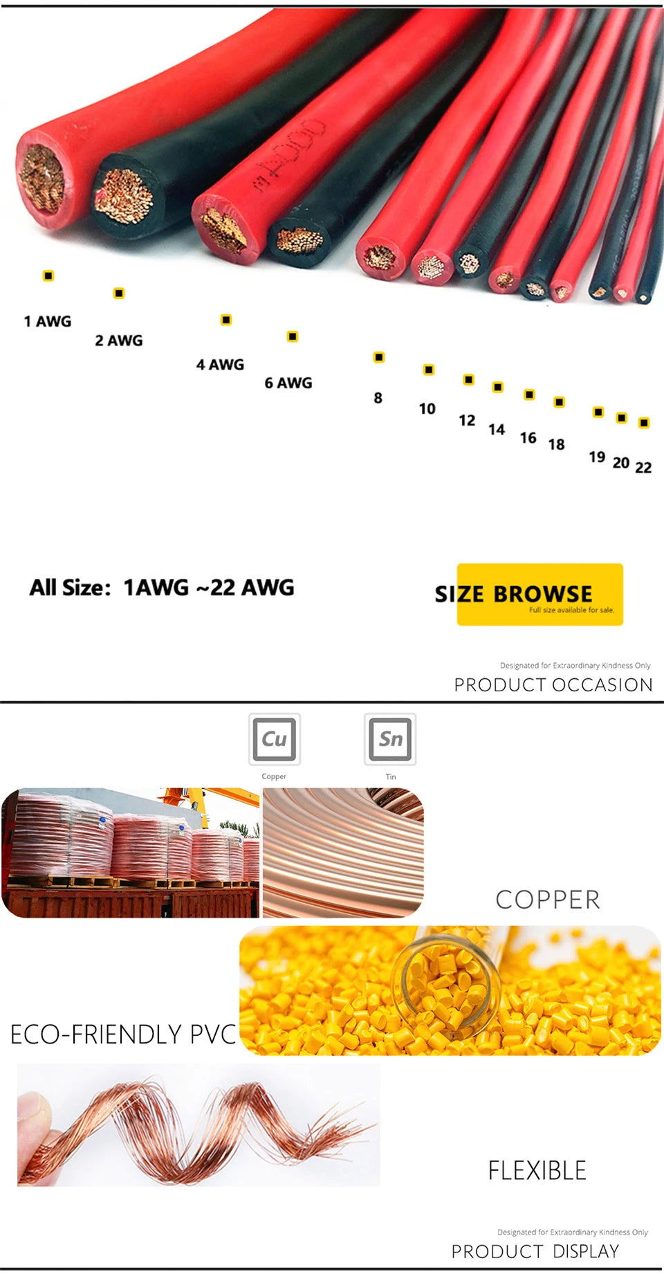 100m PVC Electric Cable Soft Copper Wire For Power led Car battery jumper wiring 1AWG 2AWG 4AWG 6AWG 8AWG 10AWG 12AWG 14AWG.