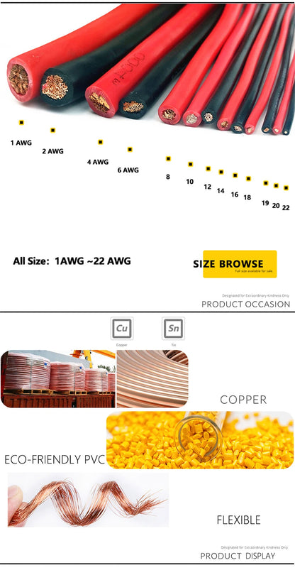 100m PVC Electric Cable Soft Copper Wire For Power led Car battery jumper wiring 1AWG 2AWG 4AWG 6AWG 8AWG 10AWG 12AWG 14AWG.
