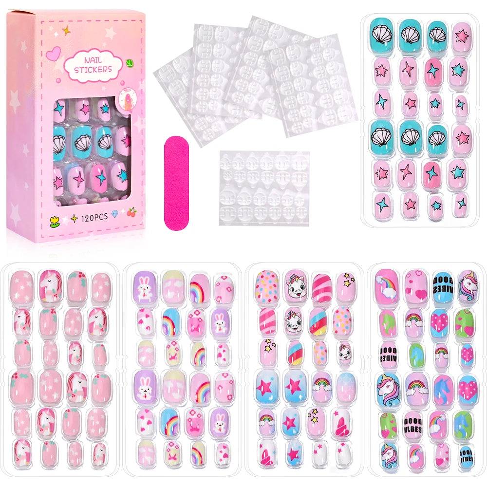 120Pcs Children's Press on Nails Kids Cartoon Acrylic Fake Nails Tips Kawaii Girl Full Cover Short False Nails With Jelly Glue#@