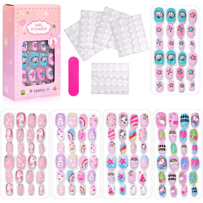 120Pcs Children's Press on Nails Kids Cartoon Acrylic Fake Nails Tips Kawaii Girl Full Cover Short False Nails With Jelly Glue#@
