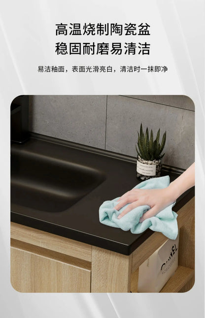 Leichter Luxus-Badezimmerschrank-Kombination, Badezimmer-Waschbecken, Gesichtswaschbecken, Toilettenholz, Waschbecken aus Keramik, integriertes Waschbecken im japanischen Stil