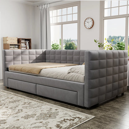 3-in-1 ausziehbares Schlafsofa 90 x 190 cm, Multifunktionsbett mit Schubladen, Einzel-/Doppelbett, Baumwolle und Leinen (Matratze nicht im Lieferumfang enthalten)
