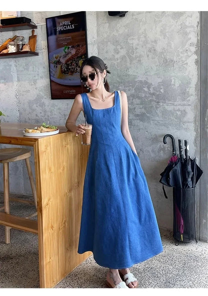 Blue Mist Love Französisches Jeanskleid für Damen, Sommer, einzigartiges Design, Taille, Cinching-Riemen, langes Kleid, elegante blaue Polyesterfaser