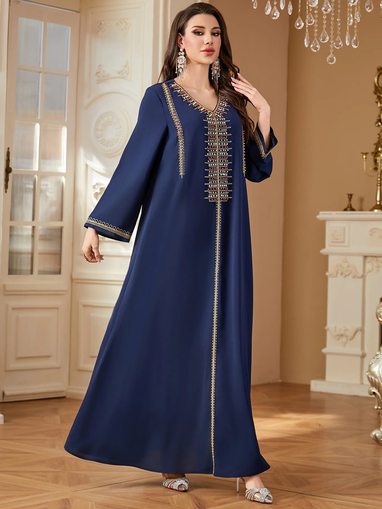 Elegant V-Neck Beading Embroidery Abaya For Muslim Woman 2025 Casual Loose Moroccan Saudi Dubai Kuwait Morocco Stylish Kebaya.
