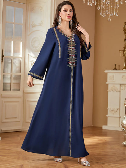 Elegant V-Neck Beading Embroidery Abaya For Muslim Woman 2025 Casual Loose Moroccan Saudi Dubai Kuwait Morocco Stylish Kebaya.