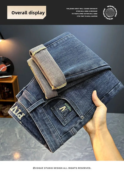 Men's Slim Straight Jeans Fashion Korean Autumn Trousers Comfortable Elastic Black Blue Fitted Business Casual Denim Pants.