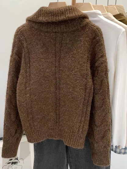 Women Autumn Winter New Lazy Style Loose Knitted Cardigan Retro Solid Color Double Zipper Turn-down Collar Sweater New Women Top.