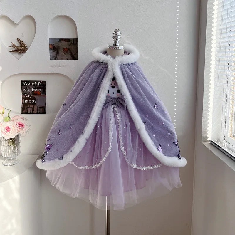 Anime Kuromi Lolita Kleid und Umhang Set Strickpullover Spleißen Mesh Prinzessin Kleid Partykleid Herbst Winter Urlaub Geschenk.