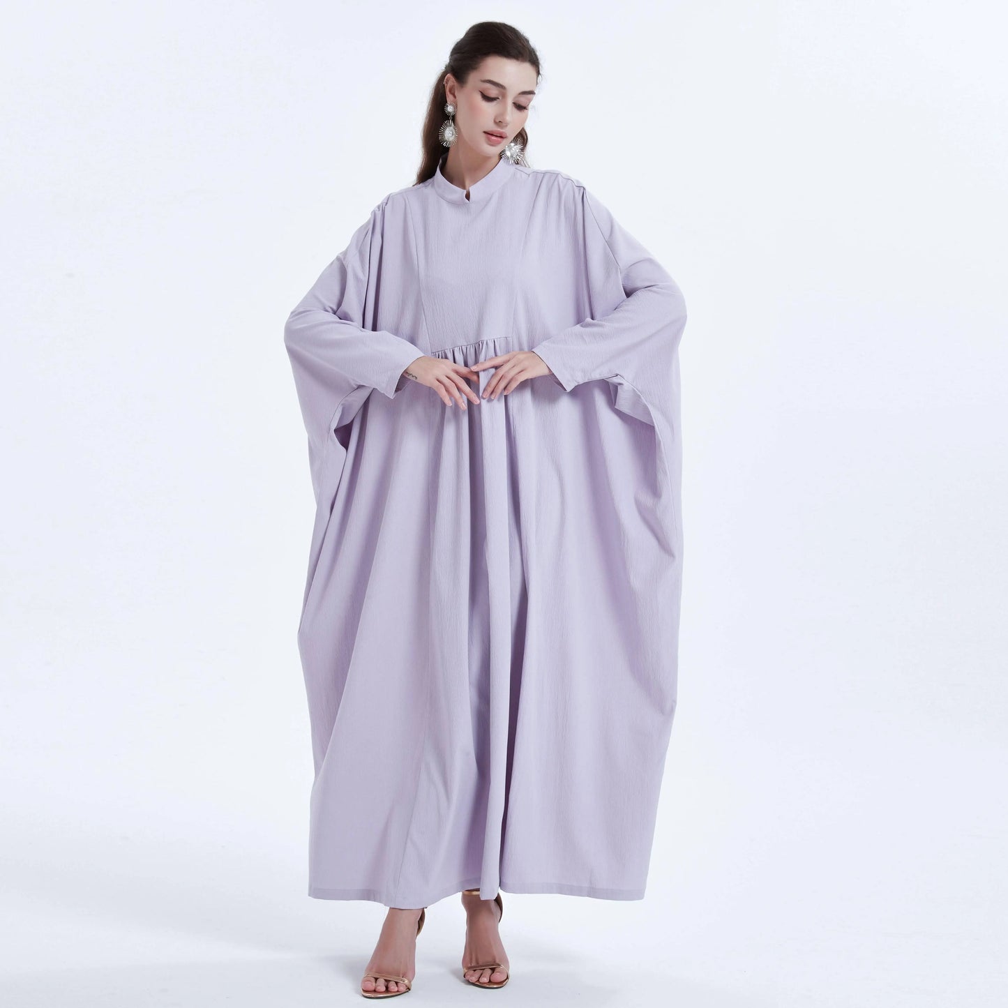 Ramadan kebaya Middle Eastern Muslim women's dress solid color pleated bat sleeve loose dress Abaya.