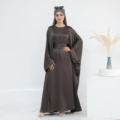 Two Piece Arabic Outfit Set for Muslim Women Elegant Modest Abaya Dress with Inner Ramadan Islamic Coat New Turkish Kaftan Robe.