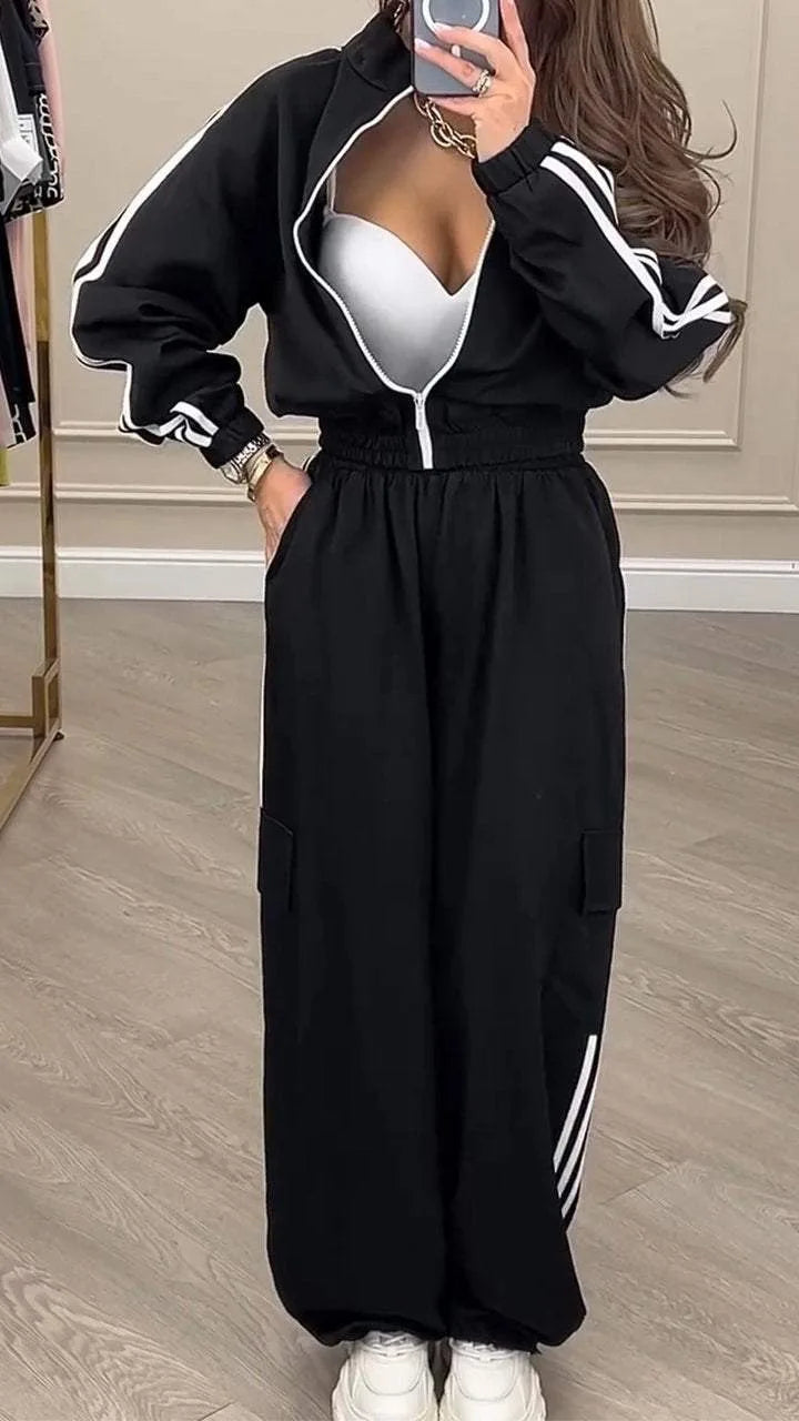 Sports Trousers Loose White Casual Women's Set Fashion Zipper High-waisted Hoodie + Wide-leg Overalls 2-piece Sweatshirt Suit.