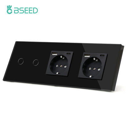 BSEED 1/2/3Gang Touch-Schalter 1-Wege-Lichtschalter mit EU-Steckdosen USB Typ-C-Steckdosen Glasscheibe Schwarz