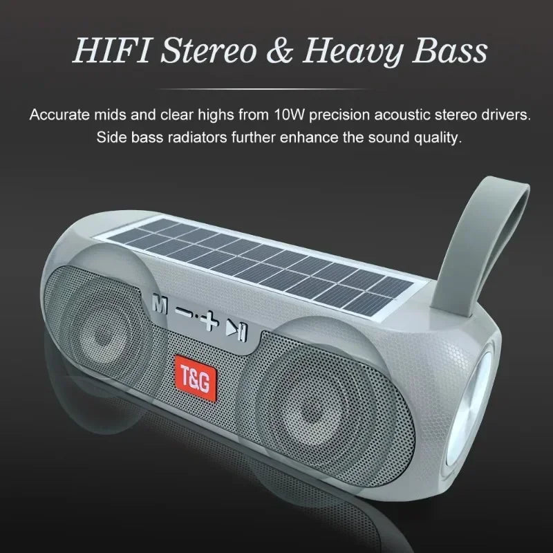 T&G TG182 Solar Charging Portable Stereo speakers Wireless Bluetooth With Mic Outdoor Loudspeaker Waterproof FM Radio Soundbar.