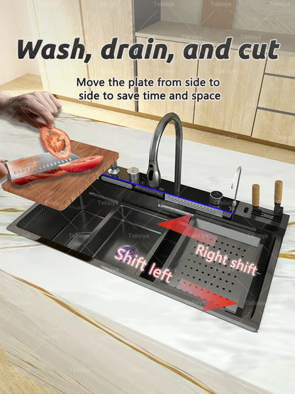 Various Waterfall kitchen Sink  Stainless Steel Multifunctional Large Single Slot Digital Display Sinks